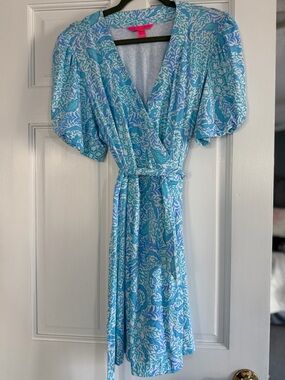 Lilly Pulitzer Blue and White Printed Midi Wrap Romper